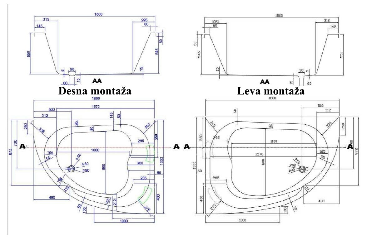 Masažna kad ART - Titanium dimenzije